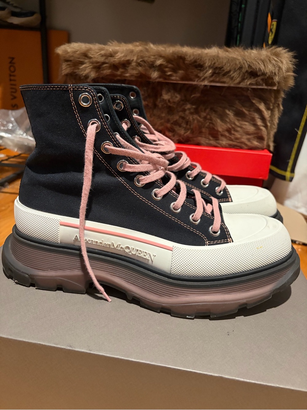 Alexander McQueen Black Canvas High-Top Sneakers with Pink Laces